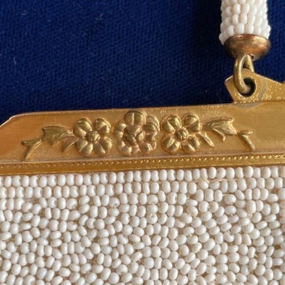 Vtg. BEADED EVENING BAG Gold & White Beads, Beaded Handle, Satin Lining HANDMADE - Picture 6 of 16